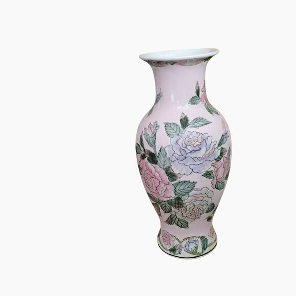 Vintage Toyo Porcelain Famille Rose Vase, Pink Embossed Floral Flowers Macau 10" - Picture 6 of 9